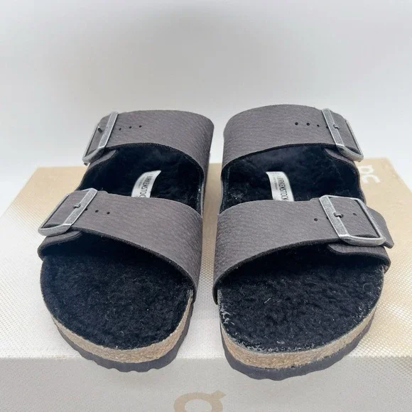 Birkenstock Arizona Shearling Synthetics Desert Dust Black Sandal Womens EU 41
